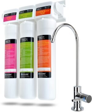 Brondell H2O+ Coral UC300 Three-Stage Undercounter Water Filtration System – Water Purifier with Designer Chrome Faucet – Quick Change Filter, WQA Gold Seal-Certified