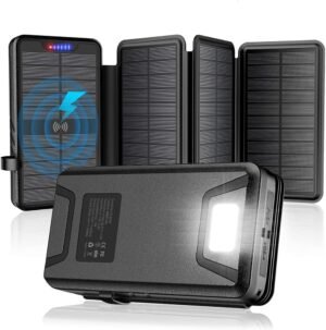 QiSa Solar Charger 38800mAh Solar Power Bank with Dual 5V3.1A Outputs 10W Qi Wireless Charger Waterproof Built-in Solar Panel and Bright Flashlights(Black)