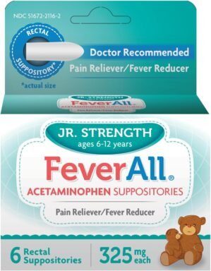 Feverall Children Acetaminophen Suppositories 6 Rectal Suppositories 325mg Each Pain Reliever/Fever Reducer. Paraben Free, No Artificial Colors or Other preservatives. Ages 6-12 Years