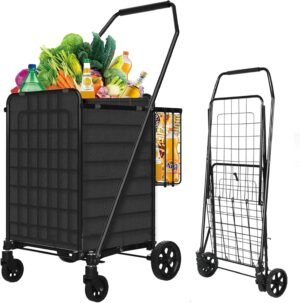 Heavy-Duty Folding Shopping Cart with Waterproof Liner & 360° Swivel Wheels | Collapsible Grocery Cart for Easy Transport, Ideal for Laundry, Shopping, and Travel – 132 LBS Capacity