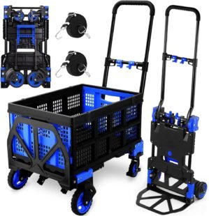 2 in 1 Folding Hand Truck with Folding Basket,330lbs Capacity Heavy Duty Hand Truck,with Telescoping Handle and Rubber Wheels,Portable Dolly Cart with Bungee Cords for Moving,Travel,Shopping