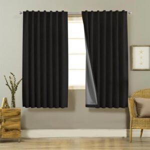 Joydeco 100% Blackout Curtains 63 inches Long Black Curtains Linen Drapes 2 Panels Set Burg for Bedroom Living Room Black Out Darkening Curtain Thermal Insulated Back tab Rod Pocket(37x63inch,Black)