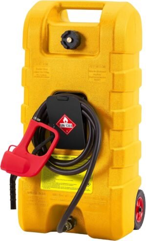 Fuel Caddy 15 Gallon, Portable Gas Storage Tank with LE Fluid Transfer Siphon Pump, Fuel Transfer Tanks With 10ft. Delivery Hose Diesel Fuel Can for Lawn Mowers, Boats, Cars,Yellow