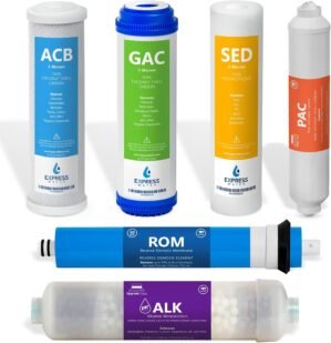 Express Water – 6 Months Alkaline Reverse Osmosis System Replacement Filter Set – 6 Filters with 50 GPD RO Membrane – 10 inch Size Water Filters