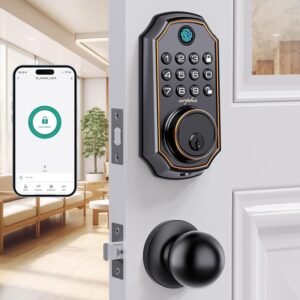 Keyless Entry Door Lock Deadbolt with Handle Set – Arpha 100 Code Smart Fingerprint Door Lock with App Control, Anti-Peeping Password Auto Lock, One Time Code, Zinc Alloy Black