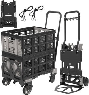 2 in 1 Folding Hand Truck with 2 Foldable Basket, 330LBS Capacity Heavy Duty Dolly with Retractable Handle and 4 Rubber Wheels, Portable Cart for Luggage, Travel, Office (Grey, with 2 Baskets)
