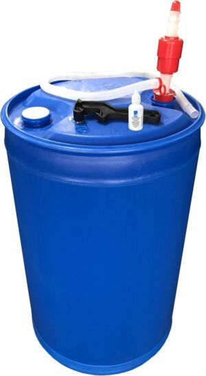 Augason Farms Water Treatment and Storage Kit, 55-Gallon Water Barrel, BPA Free, Liquid Water Treatment Drops, Siphon and Hand Pump