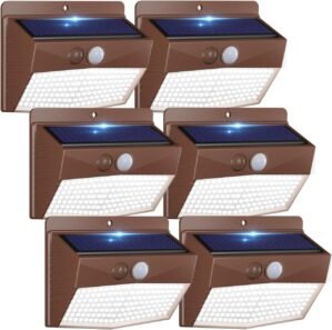 Peasur 6 Packs Solar Outdoor Lights Motion Sensor Solar Security Lights Waterproof with 3 Lighting Modes Solar Powered Wall Lights Outside for Garden Fence Yard Deck, Brown