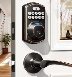 Veise Fingerprint Door Lock with 2 Lever Handles – Keyless Entry Door Lock, Electronic Keypad Deadbolt, Digital Smart Code & Front Handle Sets, Auto-Locking, Easy Installation, Oil Rubbed Bronze