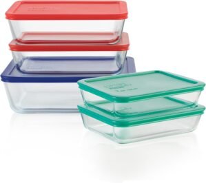 Pyrex Simply Store 5-Pack (3,6 & 11-Cup) Mixed Sized Glass Food Storage Set, Large Rectangular Containers With Lids, BPA-Free, Dishwasher & Microwave Safe