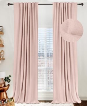 100% Blackout Shield Linen Blackout Curtains for Bedroom 84 Inches Long, Back Tab/Rod Pocket Living Room Drapes, Thermal Insulated Blackout Curtains 2 Panels Set, 50″ W x 84″ L, Blush Pink