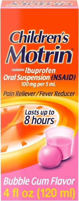 Motrin Children’s Oral Suspension Medicine, 100 mg Ibuprofen, Kids Fever Reducer & Pain Reliever for Minor Aches & Pains Due to Cold & Flu, Alcohol-Free, Bubble Gum Flavored, 4 fl. oz