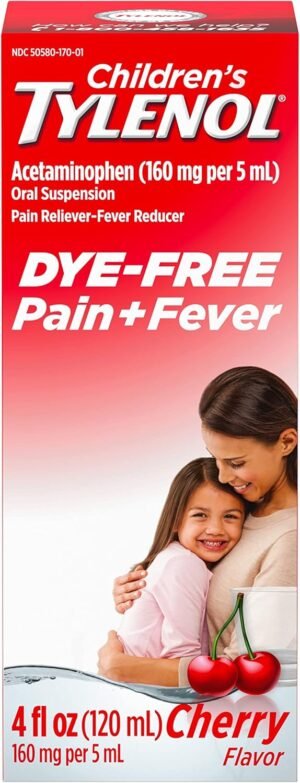 Tylenol Children’s Liquid Oral Suspension Pain Reliever & Fever Reducer with Acetaminophen, Aspirin-, Ibuprofen-, High Fructose Corn Syrup- & Dye-Free, Cherry, 4 Fl. Oz