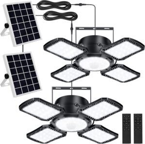 Aqonsie Solar Shed Light Outdoor Indoor, 176LED Solar Powered Motion Sensor Pendant Light Daytime Available, Solar Indoor Lights with 5 Lighting Modes & Remote for Shed Gazebo Barn Garage, 2 Pack