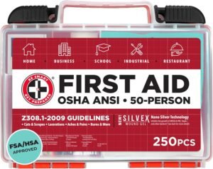 Be Smart Get Prepared OSHA/ANSI First Aid Kit – 50 Person, 250 Pieces – Designed for Home, Business, School, Industrial, and Restaurants – Compact & Portable