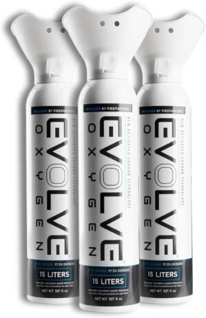 EVOLVE 15-Liter Pure Oxygen Canister with Breathing Cup | Portable Oxygen Can | Ideal for Home Use and Outdoor Activities | Designed by Firefighters | Made in The USA | Pack of 3