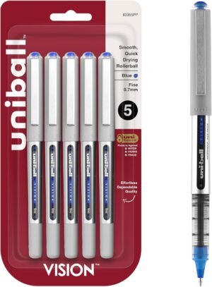 uniball™ Vision Rollerball Pens, Fine Point (0.7mm), Blue, 5 Pack