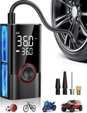 OMQ Tire Inflator Portable Air Compressor, 150PSI Smart Air Pump for Car Tires with LED Light, Cordless Tire Pump with Digital Pressure Gauge, Tire Inflator for Car, Bike, Motorcycle, Ball