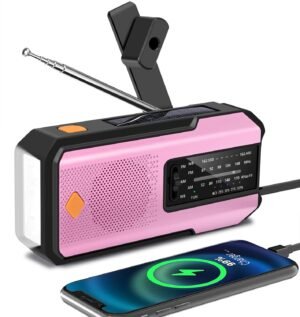 Emergency Hand Crank Radio with 3 LED Flashlight, AM/FM/NOAA Portable Weather Radio with Phone Charger, Solar Powered USB Charged Radio for Indoor Outdoor Camping, SOS Alarm (WB01 Pink)