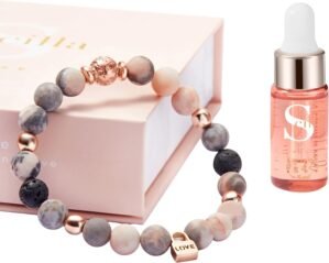 Aromatherapy Bracelet and Lavender Essential Oil Gift Set, Chakra Crystal Beaded Bracelets for Women, Pink Zebra Jasper Love Lock and Lava Diffuser, Self Care Mindfulness Birthday Gifts