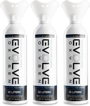 EVOLVE 22-Liter Pure Oxygen Canister with Breathing Cup | Portable Oxygen Can | Ideal for Home Use and Outdoor Activities | Designed by Firefighters | Made in The USA | Pack of 3