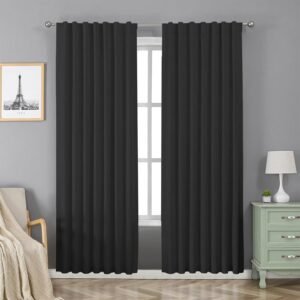 Joydeco 100% Blackout Curtains 96 inches Long for Bedroom Living Room – 2 Panels Set Burg Room Darkening Black Out Curtains for Bedroom Windows, Back tab Rod Pocket(52×96 inch,Black)