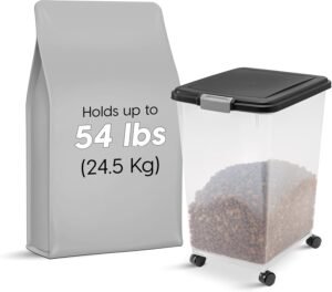 IRIS USA Airtight Dog Food Storage Container, Up to 54 lbs, Attachable Wheels, For Dog Cat Bird and Other Pet Food Storage Bin, Keep Fresh, Translucent Body, Easy Mobility, Black