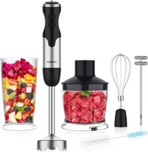 Keylitos 5 in1 Immersion Hand Blender, Powerful 12 Speed Handheld Stick Blender with 304 Stainless Steel Blades, Chopper, Beaker, Whisk and Milk Frother for Smoothie, Baby Food, Sauces Red,Puree, Soup