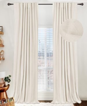 100% Blackout Shield Linen Blackout Curtains for Bedroom 84 Inches Long, Back Tab/Rod Pocket Living Room Drapes, Thermal Insulated Blackout Curtains 2 Panels Set, 50″ W x 84″ L, Beige White