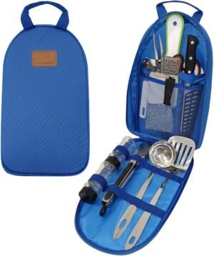 Gold Armour 13 Piece Camp Kitchen Utensil Organizer Travel Set – Essential Outdoor Camping Gear & Accessories Kit, Portable BBQ Camping Cookware Stainless Steel Travel Kit Equipment