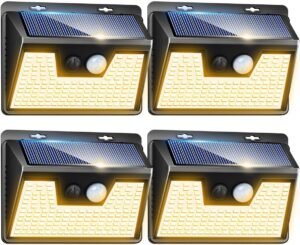 Peasur Solar Lights Outdoor Waterproof, 4Pack 140LED Solar Motion Sensor Wall Lights, 3 Modes Solar Powered Fence Security Lights for Patio Step Deck House Outside(Warm White)
