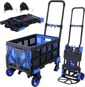 2 in 1 Hand Truck Dolly Foldable with Basket,Hand Truck Foldable with Retractable Handle,330LBS Capacity Folding Hand Cart,Dolly Cart with Wheels,Portable Dolly Hand Truck for Moving