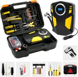 Tire Repair Kits 55pcs Tire Plug Kit with 12V Tire Inflator Portable Air Compressor Tire Patch Kit fit for Autos, Cars, Motorcycles, Trucks, RVs, etc.
