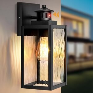 11.6″ Motion Sensor Outdoor Lights Fixture, Dusk to Dawn Exterior Porch Light Wall Mount with Water-Rippled Glass, Black Modern Outside Wall Sconce Lanterns for House, Garage, Bulbs Not Included