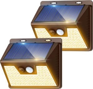 Solar Lights Outdoor 2 Pack, 140LED/3 Modes Motion Sensor Lights Solar Powered, Wireless IP65 Waterproof Solar Wall Lights Outdoor Lights, Bright for Deck Fence Patio Front Door, Warm Light (Brown)