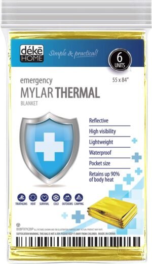 Deke Home – Emergency Blanket 6 Pack – Thermal Mylar Blankets with Reflective Foil, Space Blanket 84″ x55” for Camping,Outdoors, Hiking, Survival, Bug Out Bag, First Aid (Gold)