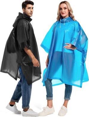 2 Pack Rain Ponchos for Adults Reusable – Raincoats Survival Emergency Heavy Duty Rain Coat with Drawstring Hood