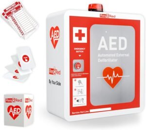 AED Defibrillator Wall Mounted Cabinet with Metal AED Projecting Sign, Steel Storage Cabinet with Quick Accessible Door, Alarm System, Fits All Brands AED Defibrillato, for Office, Hospital