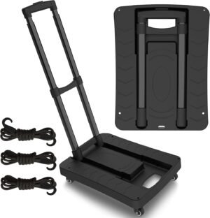 Folding Hand Truck Portable Trolley Cart & Luggage Dolly Cart with 2 Braking Swivel Wheels and 3 Bungee Cords for Travel Moving and Office Use