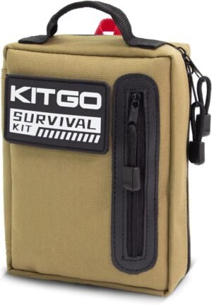 Kitgo Camping Survival Kit First Aid 101 Piece MOLLE Pouches Tactical Backpack Emergency Survival Gear Tool for Hunting Hiking Outdoor Adventure Fishing Travel Military Tropical Storms(Khaki)