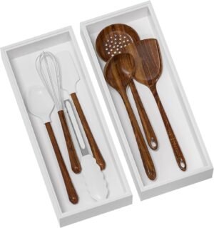 Kitchen Drawer Organizer Bins, Stackable Deep Bamboo Drawer Organizer for Silverware, Utensils, Cutlery, Flatware, Junk, Dresser, Bathroom, 15″ x 6″ x 2.5″