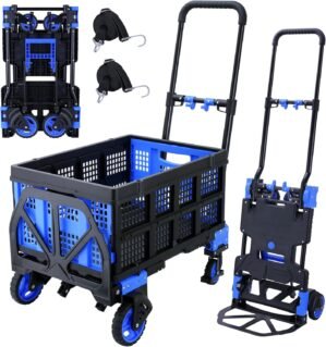2-in-1Folding Hand Truck Dolly with Folding Basket, 330LBS Capacity handtruck,Dolly with Retractable Handle,Hand Truck Foldable Dolly with 4 Wheels,Foldable Hand cart