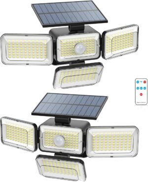 Mokot Solar Lights Outdoor, 288 LED 2800LM Solar Motion Sensor Outdoor Lights with Remote Control, 4 Heads IP65 Waterproof Solar Flood Security Lights for Outside Patio Wall -2PACK