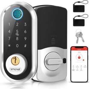 Smart Door Lock Keyless Deadbolt: SMONET Smart Locks for Front Door Fingerprint Keyless Entry Electronic Digital Bluetooth Key Fob Code APP Touch keypads Compatible with Alexa
