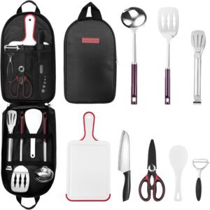 Odoland 8 Pcs Camping Cookware Utensils Travel Set, Camp Kitchen Utensil Organizer with Tongs, Scissors, Cutting Board, Rice Paddle and Water Resistant Case for Backpacking, Outdoor Camping