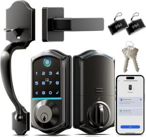Veise Fingerprint Smart Front Door Lock Set, App Control, Keyless Entry Door Lock with Handle, Smart Deadbolt, Emergency Power Port, Digital Touchscreen Keypad, Auto Locking, Easy Install, Matte Black