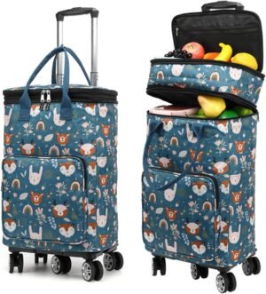 2 in 1 Shopping Cart with Wheels, Grocery Cart, Portable Utility Dolly Cart, Luggage Cart, Foldable Hand Truck with Built-in Removable Waterproof Bag for Shopping, Camping, Travel (Animal World)