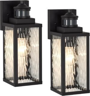 2 Pack Motion Sensor Outdoor Wall Lights,Updated Dusk to Dawn Outdoor Lighting, Exterior Light Fixtures Wall Mount With Water-Rippled Glass,Waterproof Black Porch Light Outside Lights for House