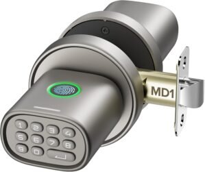 Keyless Entry Door Lock, Fingerprint Door Lock with Keypad Biometric Door Knob, Auto-Lock for Interior Doors Thickness up to 2-1/4″, Bedroom, Home Office, Garage, 4xAA Alkaline, MD1 Titanium