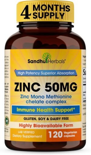 Zinc 50mg Supplement 120 Vegetarian Capsules, Zinc Highly Absorbable Supplements for Immune Support, Gluten Free